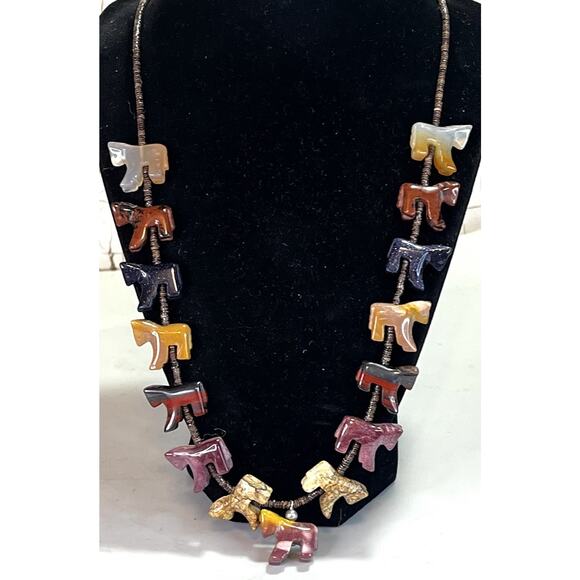 Zuni Sterling Silver Fetish Necklace Multicolor Jasper Rhodonite Carve Stone 28" - Picture 4 of 15